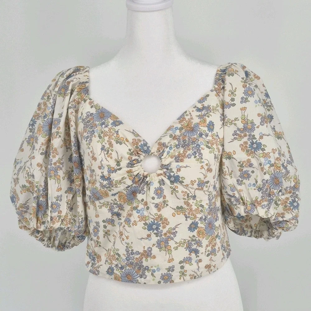 Abercrombie &‎ Fitch Floral Puff Sleeve Poplin O-Ring Crop Top Blouse Women's M